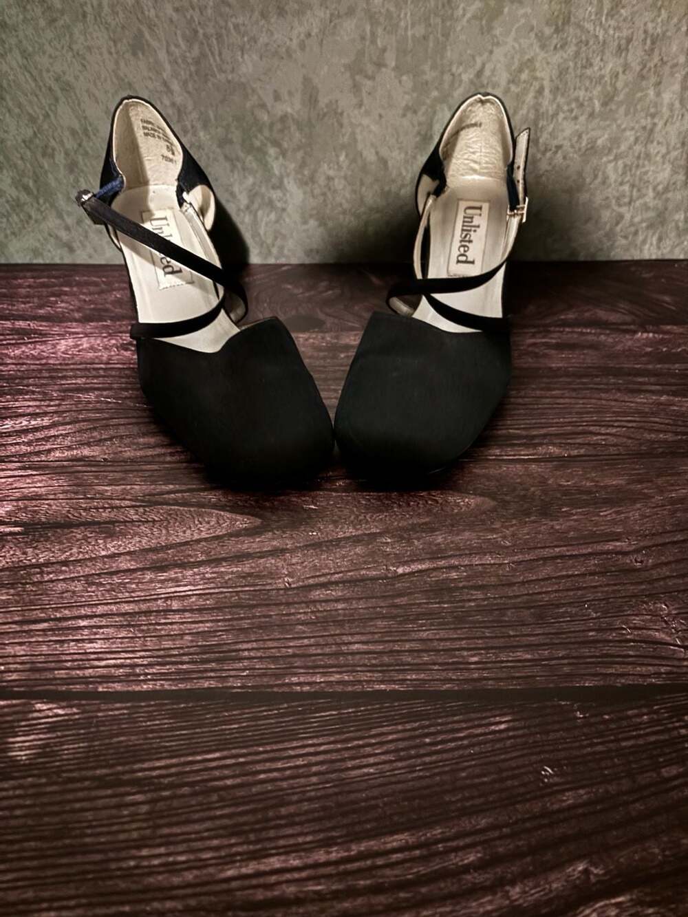 Unlisted Women's Black Satin Square Toe Crisscross Ankle Strap Block Heel Shoes